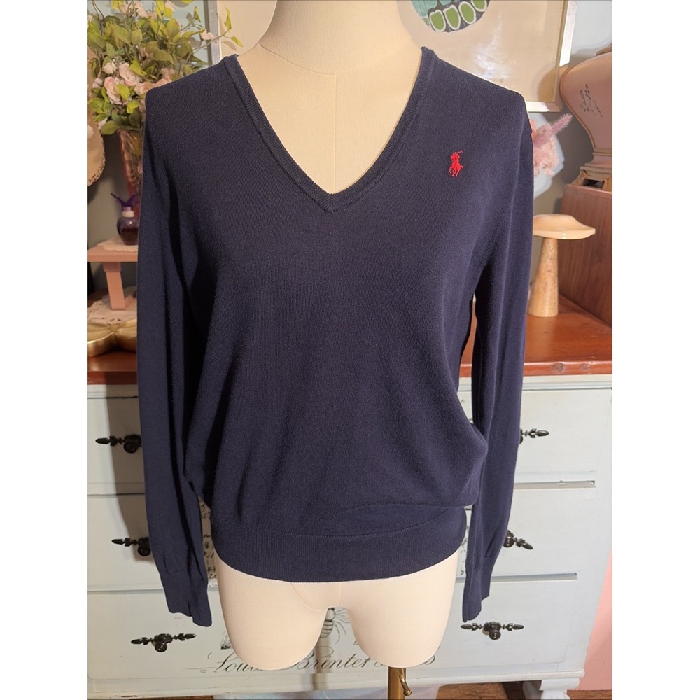 Polo Ralph Lauren Women's Medium Navy Cotton Blend V-Neck Sweater. Preppy.